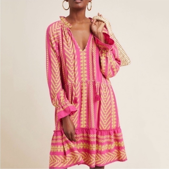 Anthropologie Maeve Dominique Ruffled Tunic Dress Pink Combo Size S NEW - Picture 1 of 15